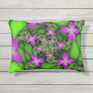 Coussin D'extérieur Fleurs fractales Abstraites de néon rose vert