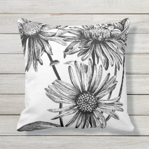 Coussin D'extérieur Fleurs noires et blanches