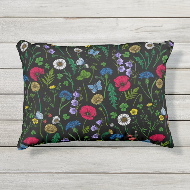 Coussin D'extérieur Fleurs sauvages en noir (Devant)