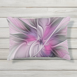 Coussin D'extérieur Floral Fractal moderne Fleur Abstraite rose gris
