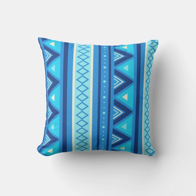 Coussin D'extérieur Géométrique du sud-ouest moderne, bleu et (Recto)