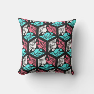 Coussin D'extérieur Grues japonaises, corail, turquoise et noir