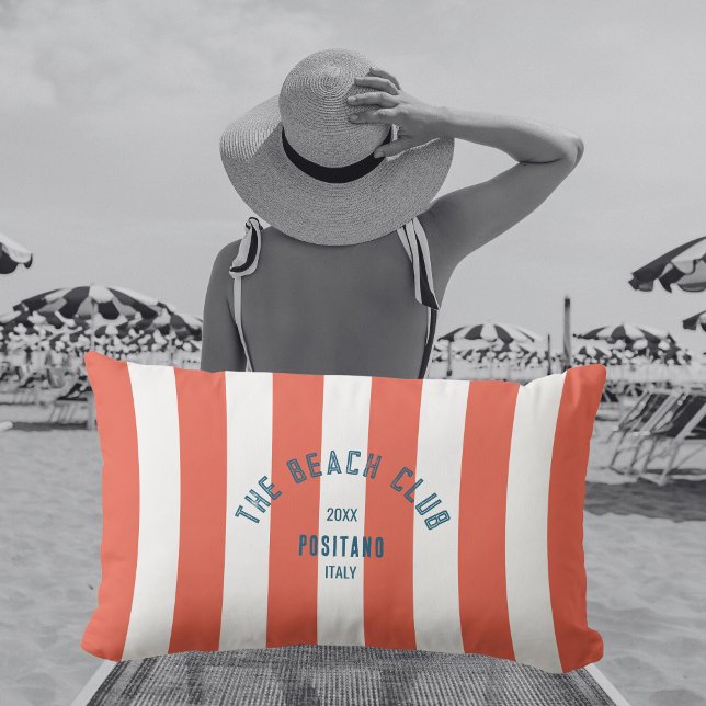 Coussin D'extérieur Le Beach Club Crest Orange Red Cabana Stripe (Créateur téléchargé)