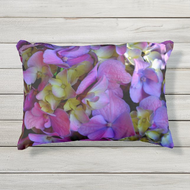 Coussin D'extérieur Magenta Purple bleu jaune Hydrangeas fleurs (Devant)