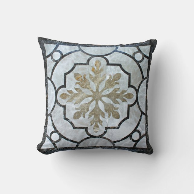 Coussin D'extérieur Marbre floral Motif gris bleu et or (Recto)