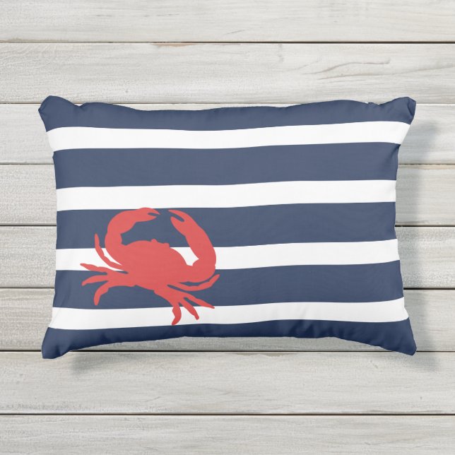 Coussin D'extérieur Marine Nautique Bleu Stripes Crabe Rouge Nom du ba (Devant)