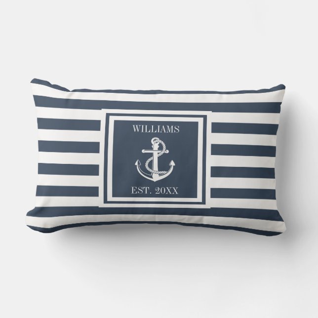 Coussin D'extérieur Marine Personnalisée Nom bleu Bande Ancre nautique (Recto)