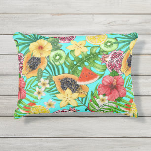 Coussin D'extérieur Mix-fruit tropical, fleurs et feuilles en bleu