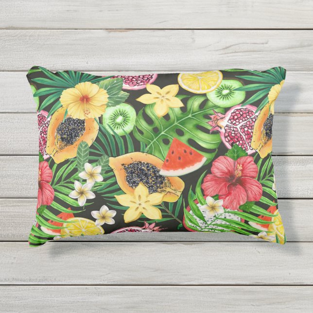 Coussin D'extérieur Mix-fruits tropicaux, fleurs et feuilles en noir (Devant)
