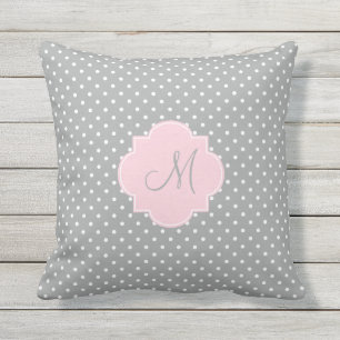 Coussin D'extérieur Monogramme Gris, Blanc et Pastel Pink Polka Dot