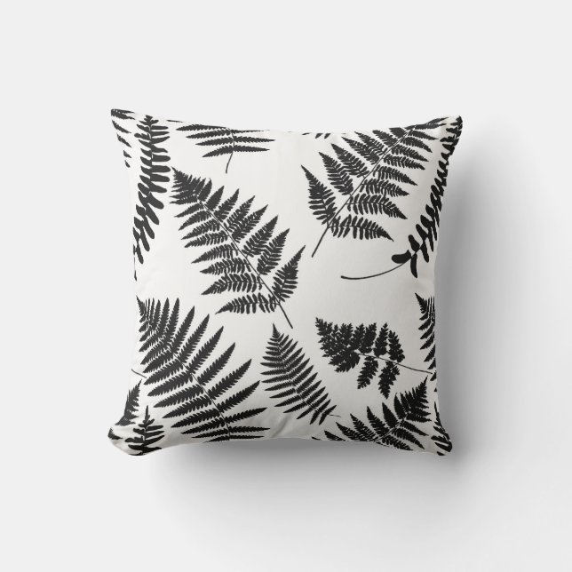 Coussin D'extérieur Motif de fougères de bois, noir et blanc (Recto)
