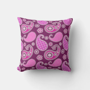Coussin D'extérieur Motif Paisley, rose fuchsia, violet et blanc