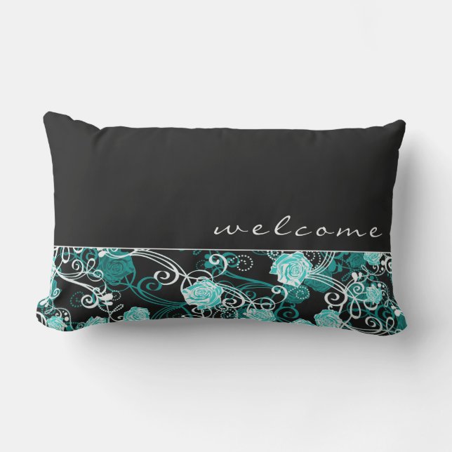 Coussin D'extérieur Motif Rose Turquoise noir et blanc | Bienvenue | S (Recto)
