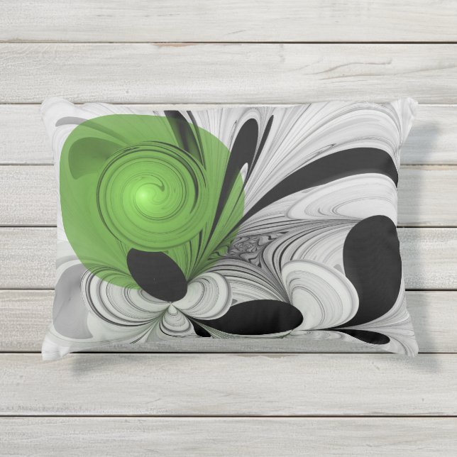 Coussin D'extérieur Noir Abstrait et blanc avec art fractal vert (Devant)