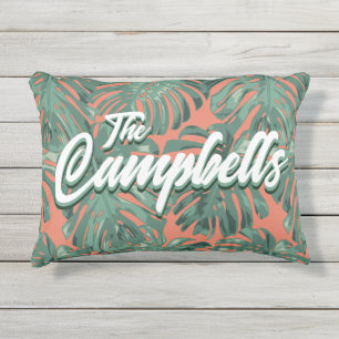 Coussin D'extérieur Nom de famille tropical Green Orange Palm Feuille