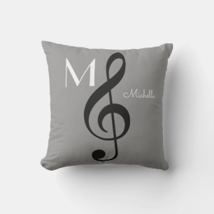 Coussin D'extérieur note de musique de clef de treble gris monogrammé