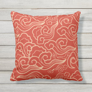Coussin D'extérieur Nuages japonais vintages, Coral Orange