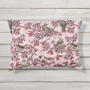 Coussin D'extérieur Oiseaux et fleurs de cerisier sur fond rose saumon