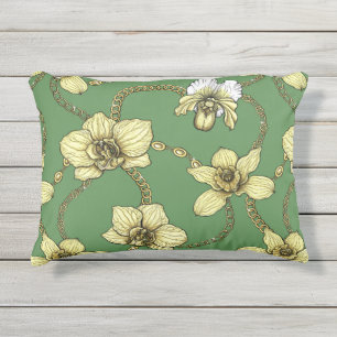 Coussin D'extérieur Orchidées et chaînes, jaune et vert kelly
