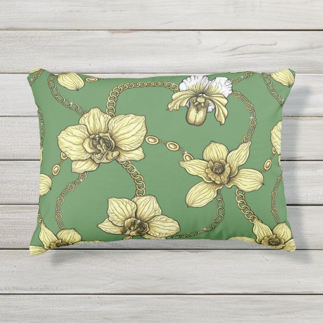 Coussin D'extérieur Orchidées et chaînes, jaune et vert kelly (Devant)