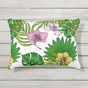 Coussin D'extérieur Orchidées et feuilles de palmiers, rose, jaune, ve