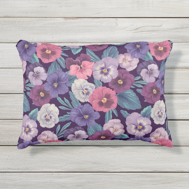 Coussin D'extérieur Pansies colorées sur violet profond (Devant)