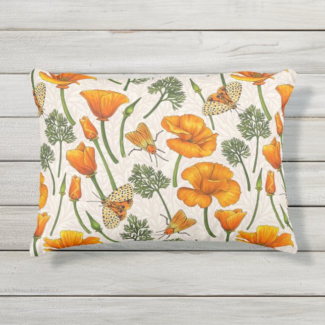 Coussin D'extérieur Pavot de Californie et papillons de nuit sur blanc (Devant)