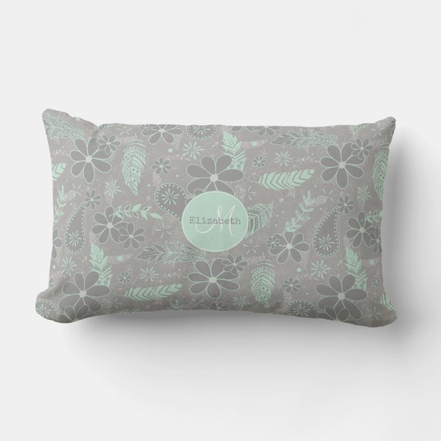 Coussin D'extérieur plumes à fleurs de chou gris menthe motif extérieu (Recto)