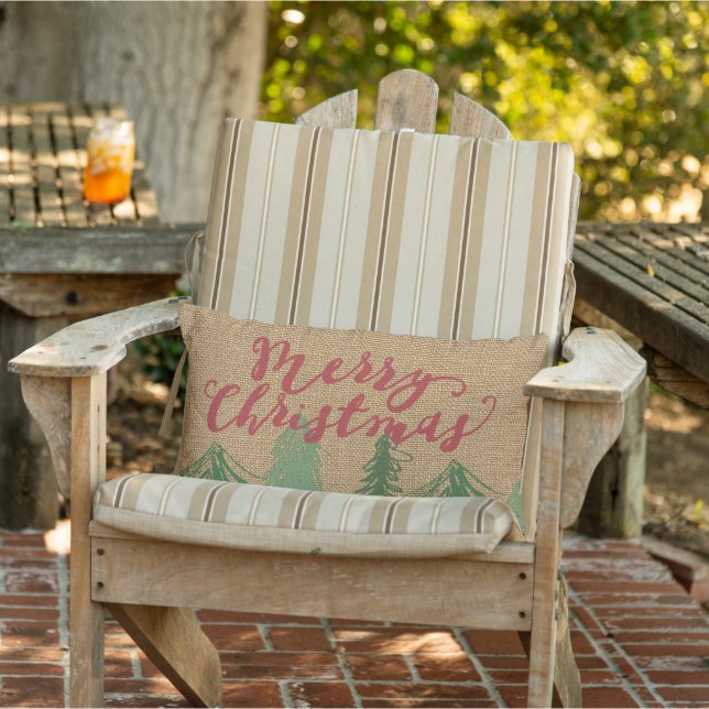 Coussin D'extérieur Red Joyeux Noël Green Trees Faux Jute Burlap (Chaise)