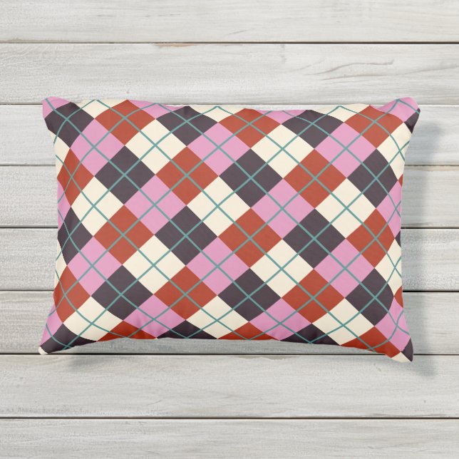 Coussin D'extérieur Rouge rose aubergine ivoire Turquoise Retro Plaid (Dos)