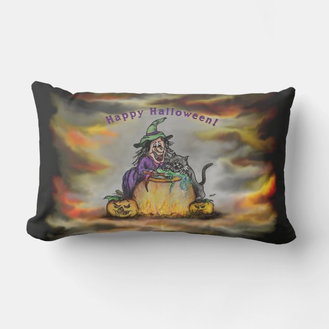 Coussin D'extérieur Sorcière et chat noir, Happy Halloween ! (Recto)