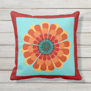 Coussin D'extérieur Terracotta et Fleur Turquoise avec bordure rouge o