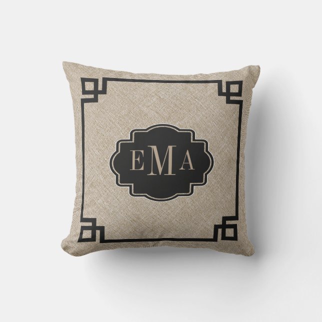 Coussin D'extérieur Texture de lin beige Cadre géométrique noir (Recto)