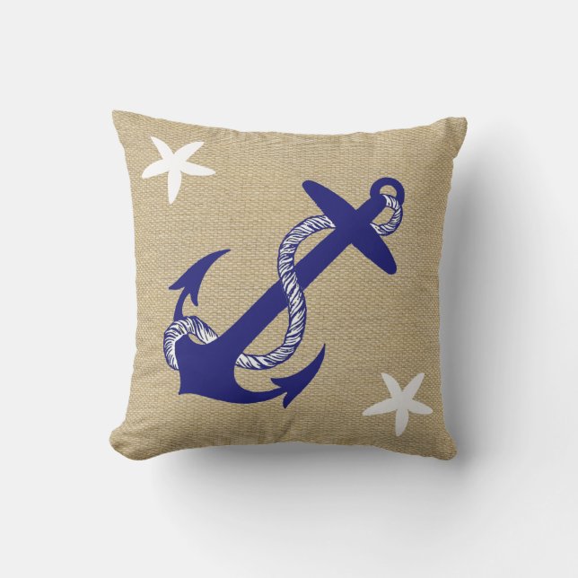 Coussin D'extérieur "Toile de jute " nautique d'Ancre bleue et (Recto)
