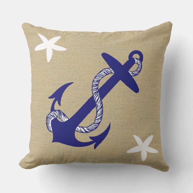 Coussin D'extérieur "Toile de jute " nautique d'Ancre bleue et (Recto)