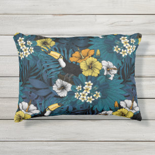 Coussin D'extérieur Toucans et flore tropicale, bleu, jaune, orange