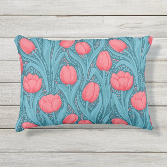Coussin D'extérieur Tulipes en bleu et rouge (Devant)