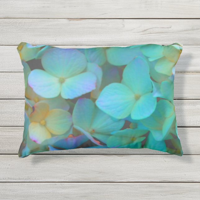 Coussin D'extérieur Turquoise bleu jaune rose hydrangée fleurs florale (Devant)