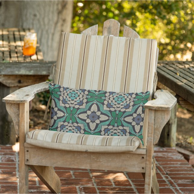Coussin D'extérieur Turquoise Bleu Vert Taupe Brown Orient Art Tribal (Chaise)