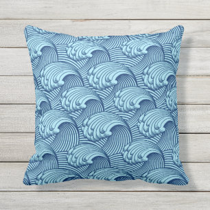 Coussin D'extérieur Vagues japonaises vintages, Navy et Sky Blue