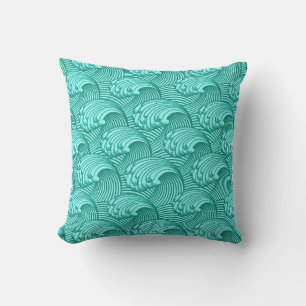 Coussin D'extérieur Vagues japonaises vintages, Turquoise et Aqua
