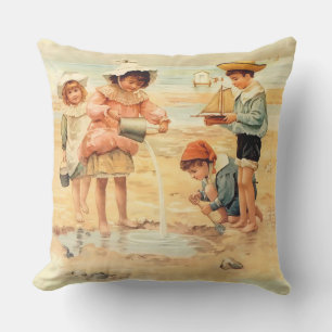 Coussin D'extérieur Vintage Antique Beach Boy Girl Enfants Art