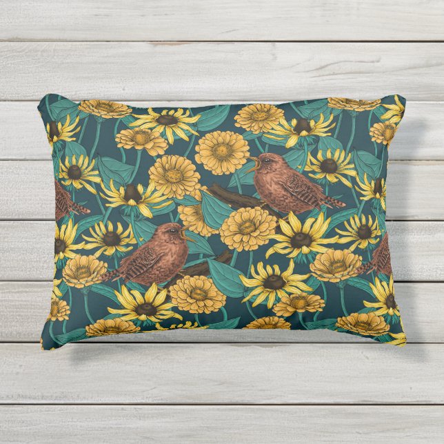 Coussin D'extérieur Wens et fleurs sur bleu foncé (Devant)