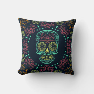 Coussin Dia de los Muertos Neon Crâne floral Jetez l'oreil