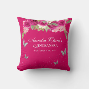 Coussin Diadème Papillon Argent Rose Floral Quinceanera