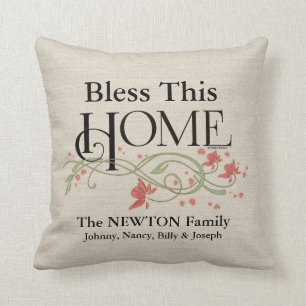 Coussin Dieu bénissent notre maison : Personnalisé
