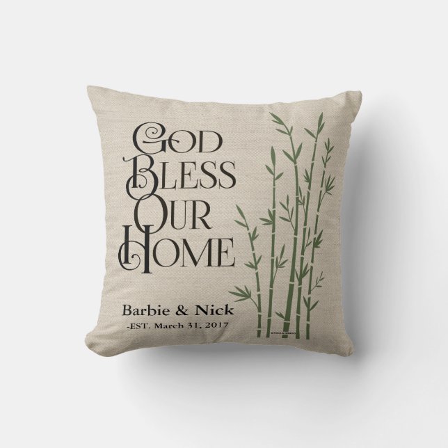 Coussin Dieu bénissent notre maison : Personnalisé (Recto)