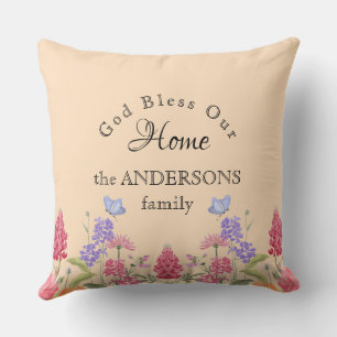 Coussin Dieu Bénit Notre Maison Beige Fleur sauvage Nom de
