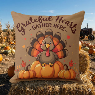 Coussin Dinde de Thanksgiving à cœurs reconnaissants