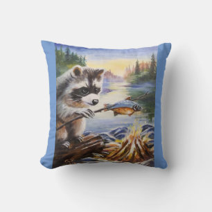 Coussin Dîner Raccoon Poisson